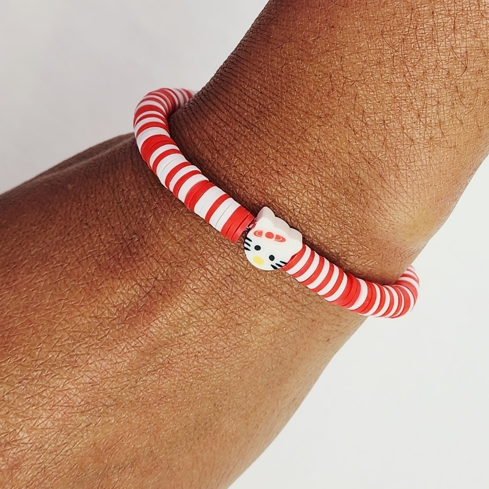 Handmade Hello Kitty Clay Bead Red And White  Bracelet